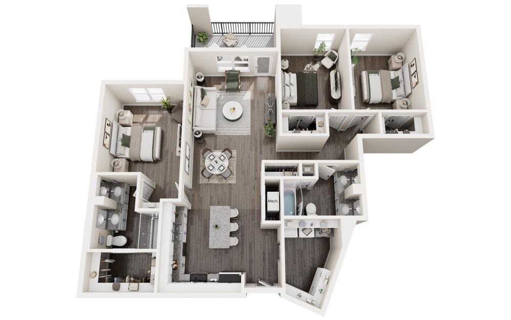 3A - 3 bedroom floorplan layout with 2 bathrooms and 1402 square feet