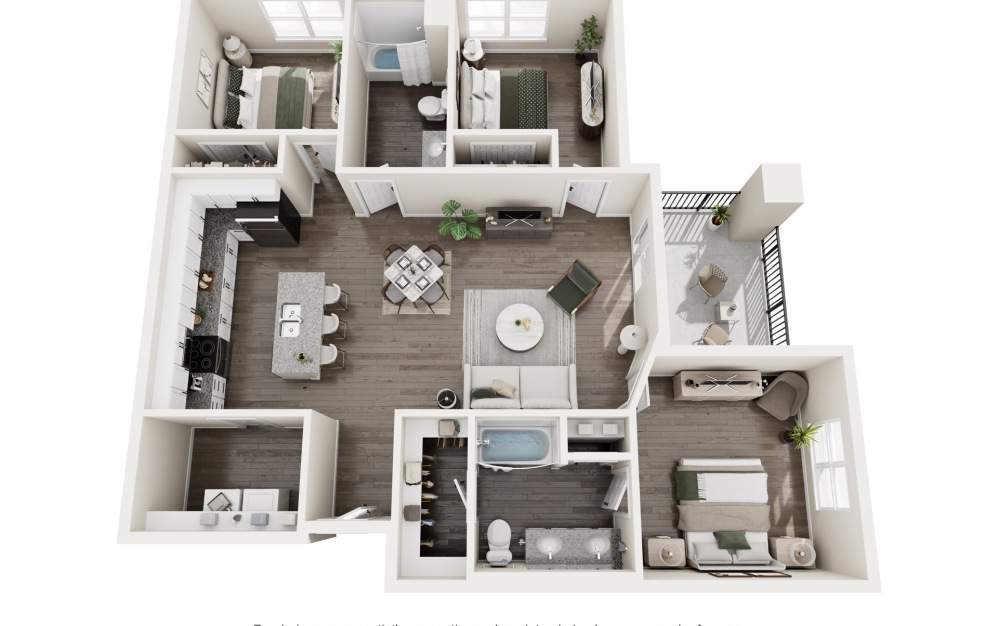 3A - 3 bedroom floorplan layout with 2 bathrooms and 1402 square feet