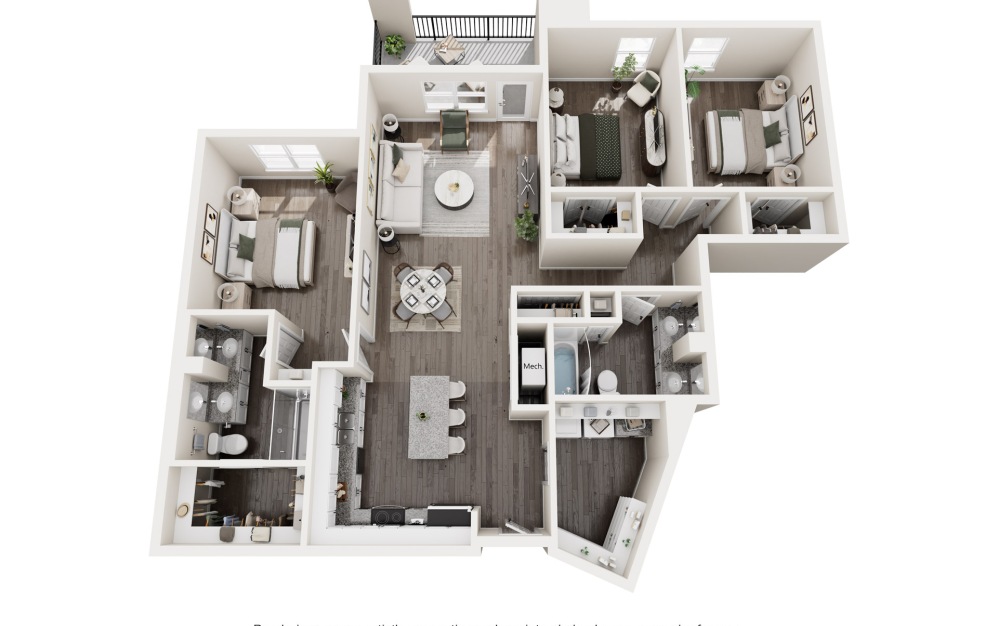 3B - 3 bedroom floorplan layout with 2 bathrooms and 1227 square feet