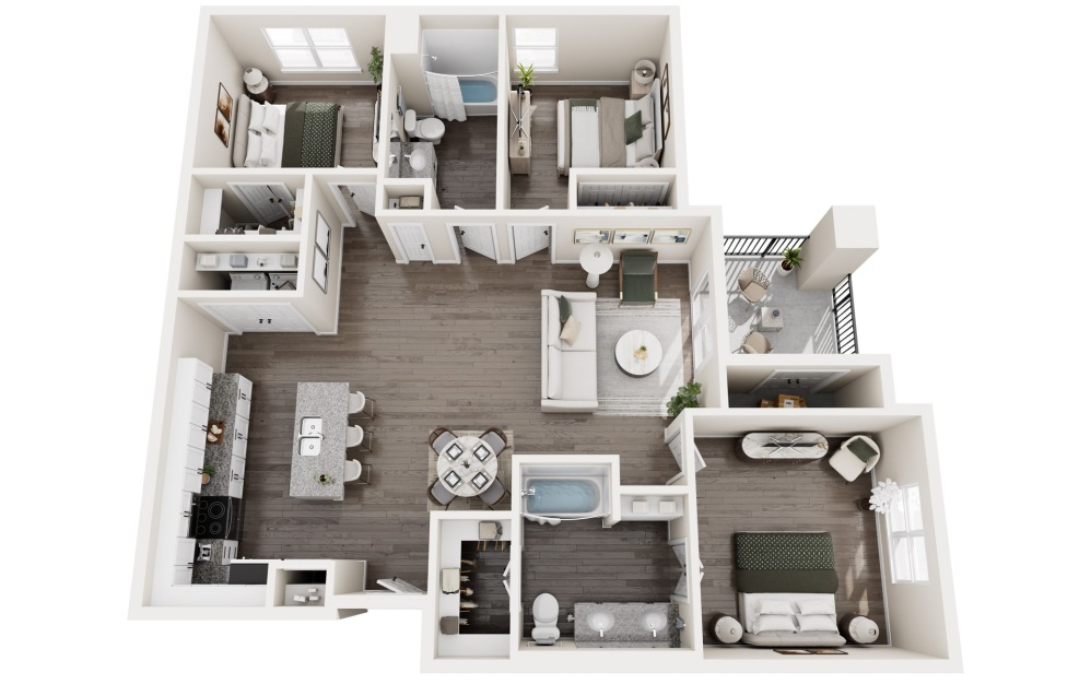 3B - 3 bedroom floorplan layout with 2 bathrooms and 1227 square feet